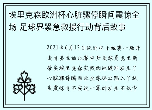 埃里克森欧洲杯心脏骤停瞬间震惊全场 足球界紧急救援行动背后故事